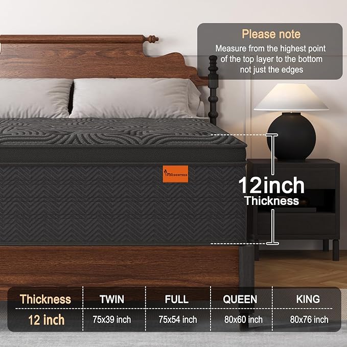Queen Mattress, 12 Inch Hybrid Mattresses in a Box with Durable Support, Fiberglass Free, Motion Isolation & Individually Poctet, 100 Night Trial, Queen Size, Dark Grey
