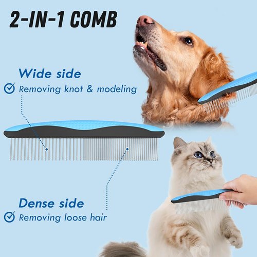 Docrok Pet Grooming Combo - Blue Deshedding Brush & Metal Comb for Long, Matted Fur Care