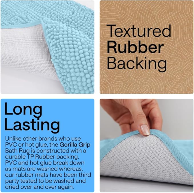 GORILLA GRIP Bath Rug Mat 44x26, Thick Soft Absorbent Chenille, Quick Dry Microfiber Mats, Rubber Backing Washable Shower Floor Rugs, Bathmat Runner, US Designed Bathroom Home Decor Accessories Sky