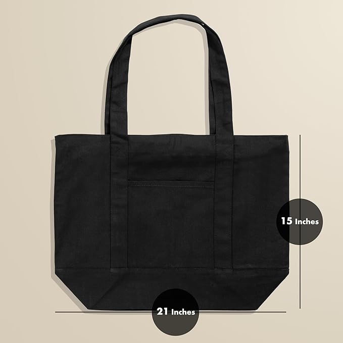 Carrywell (Not Made In China) Black Canvas Tote Bags with Zipper 3-Pack, 15"x 21", Heavy Duty Organic Cotton With Handles and Front Pocket, Reusable Shopping Totes