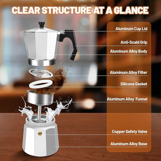 3 Cup Aluminum Espresso Stovetop Moka Pot Express Coffee Maker Percolator Italian Classic Mocha Coffee Machine for Italian and Cuban Cafe Brewing for Home & Camping 150ml 5oz