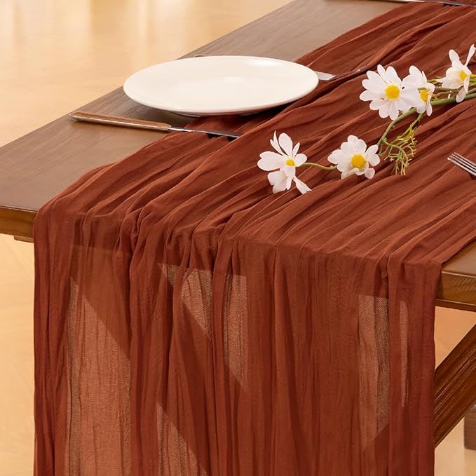 Socomi 15pcs Terracotta Fall Thanksgiving Cheesecloth Table Runner Boho Rustic Gauze 120 inch 10FT Cheese Cloth Runner for Wedding Party Baby Shower Birthday Home Decor Holiday Decorations