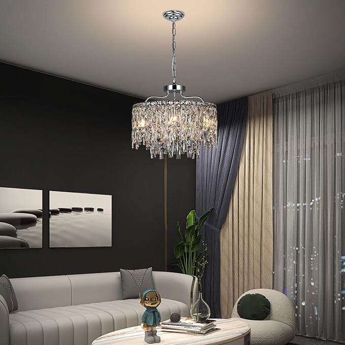 Chrome Crystal Chandelier, Modern Luxury Round Dining Room Chandeliers Over Table，6 Lights Chrome Ceiling Pendant Lighting for Dining Room Bedroom Entryway Foyer Staircase