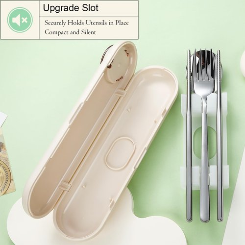 DEVICO Travel Utensils with Case Cute, Reusable Silverware for Lunch, Portable Cutlery Set, 18/8 Stainless Steel Fork Spoon Chopsticks in Cartoon Case, Dishwasher Safe (Light Yellow)