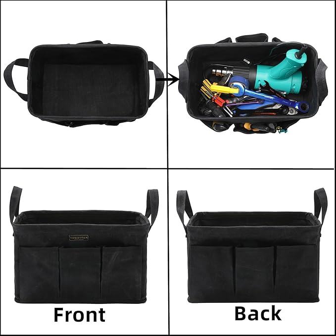 Storage Tool Case, 13.8 x 7.8 x 7.8 Inches, Rectangular Waxed Canvas Fabric Collapsible Tool Bag with Handles for Tools,Wrench Set,Screwdrivers (Black)