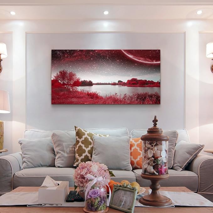 Print Artwork Wall Art Decor Poster for living room Red tree moon starry sky red landscape painting bathroom Wall Art for bedroom Canvas Prints Picture Works Ready to Hang Office Home decorations