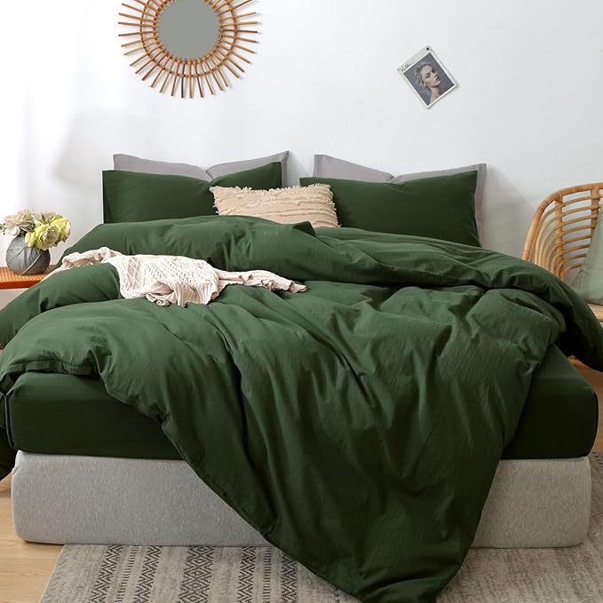 MooMee Bedding Duvet Cover Set 100% Washed Cotton Linen Like Textured Breathable Durable Soft Comfy (Solid Forest Green, Super King Plus 120"x120")