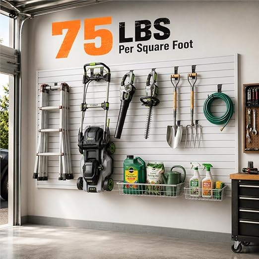 SMARTSTANDARD Slatwall Panel 4x8 FT, Garden Wall Organizer with 31 Garden Tool Hooks & Baskets,Heavy Duty PVC Slat Wall Panels for Gardening, Easy to Install & DIY Cutting(White)