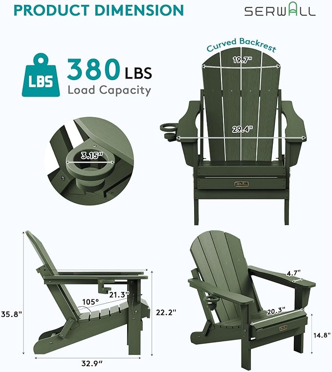 SERWALL Folding Adirondack Chair for Patio Garden, All-Weather Outdoors Chairs with Cup Holder, Wooden Textured Fire Pit Chairs for Poolside, Backyard, Lawn - Army