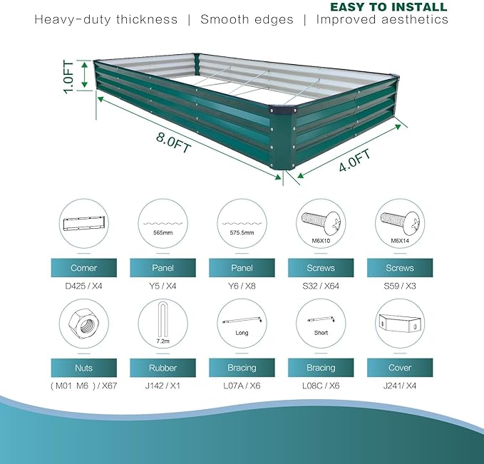 GARDMAX 8x4x1FT Galvanized Raised Garden Bed Kit, Metal Planter Boxes Outdoor with Easy Assembly, Large Garden Bed for Vegetables, Fruits, Flower, Herbs Rectangle Dark Green