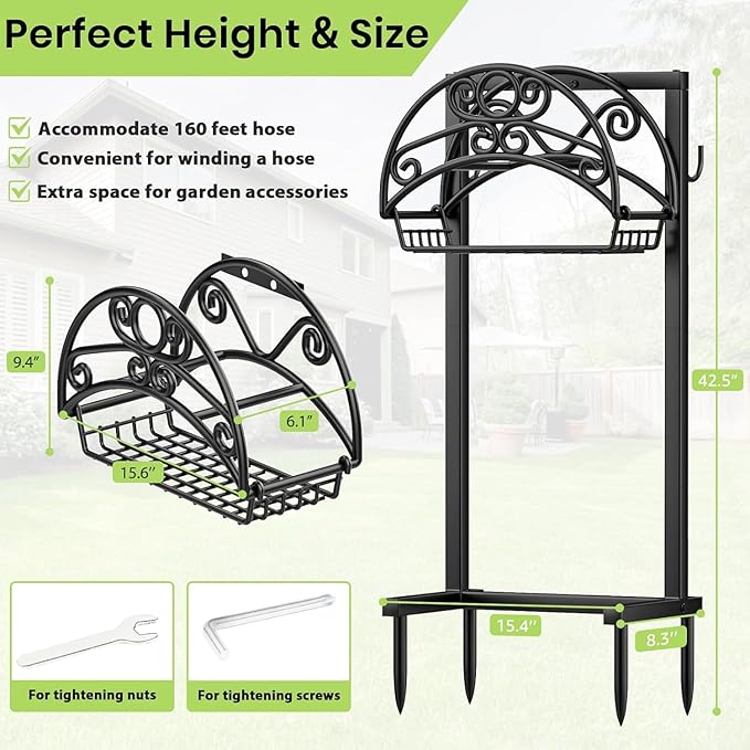 TomCare Garden Hose Holder Upgraded Water Hose Holder Heavy Duty 4 Spikes Hose Hanger Holds 160 Feet Hoses Stable Freestanding Hose Storage Organizer for Outside Yard