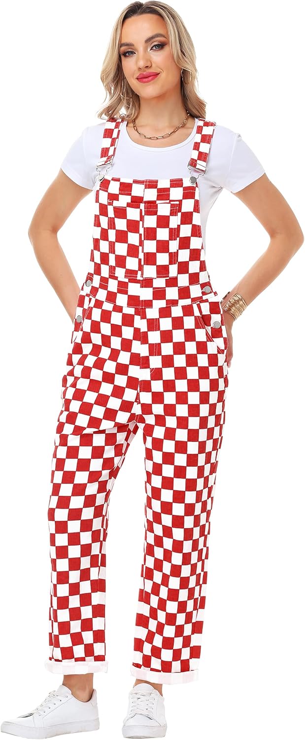 Skiennix Women's Checkered Bib Overalls - Comfortable Cotton Denim Jumpsuit in Stylish Design