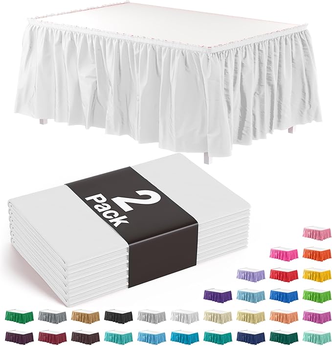 Exquisite Ruffle Table Skirt White 2 Pack 14 Ft Long Table Skirts for Rectangle Tables 6ft Plus or Round Tables Skirts with Adhesive Strip for Gender Reveal Decor & Happy Birthday Parties