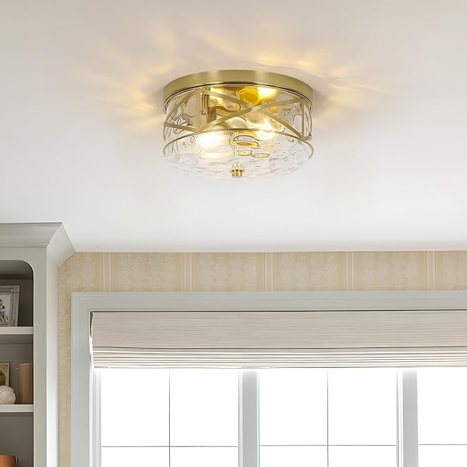 LamQee 9.8" Small Flush Mount Ceiling Light with Clear Hammered Glass, Brushed Gold Hallway Light Fixtures Ceiling Mount for Bathroom, 2-Lights Farmhouse Close to Ceiling Light Kitchen Foyer Bedroom