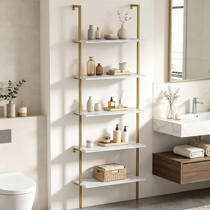 aboxoo Ladder Shelf White Marble Bookshelf 5-Tier Wall-Mounted Wood Rack