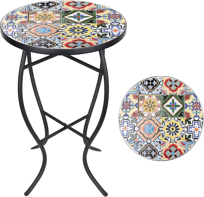 VCUTEKA Mosaic Side Table, 21" Round End Table with 14" Ceramic Tile Top, Indoor Patio Accent Table for Yard, Garden, Living Room, Bistro Balcony or Lawn