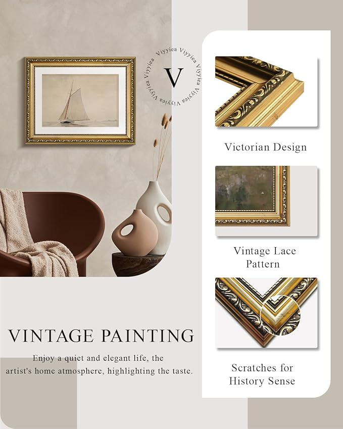 VIYYIEA Gold Framed Wall Art Canvas Print Home Decor for Living Room White Sailboat Seascape Watercolor Vintage Beach Painting on Canvas - Coastal Wall Art Prints for Bedroom Office Bathroom 11x14in