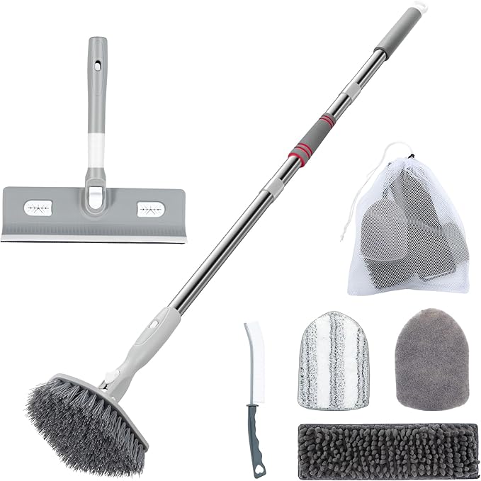 Tile Tub Floor Cleaner Scrubber With Long Handle - 5-in-1 Shower Brush Set for Bathroom, Kitchen, Walls, Sink - Includes Window Scraper and 3 Detachable No Scratch Heads