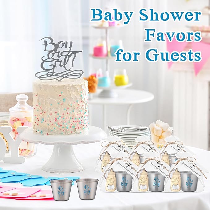 Vesici 25 Sets Baby Shower Party Favors Bottle Openers Keychains Stainless Steel Shot Thank You Tags Organza Bags Gender Reveal Favors for Guests Wedding Baby Shower Return Gift Girl Boy (Boy)