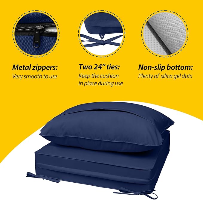 AAAAAcessories Outdoor Seat Cushions for Chairs, Fade-Resistant, Waterproof Patio Furniture Replacement Cushions, 23.5" x 25.5" x 5" + 23.5" x 19", Navy Blue