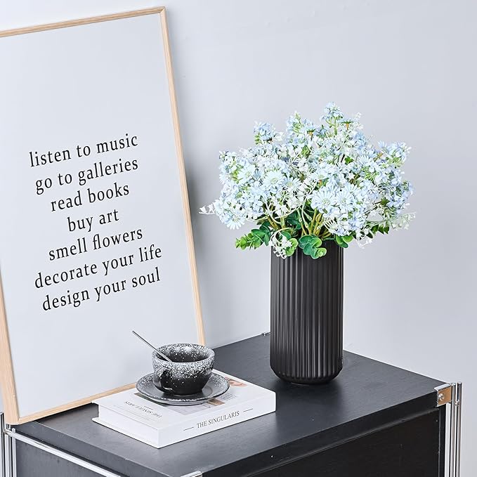 Black Ceramic Flower Vase for Pampas Grass, 10 inch Large Decorative Centerpiece Ribbed Vase for Dining Table, Office Desktop, Shelf Bookshelf, Mantel, Entryway, Bathroom, Countertop, Farmhouse, Gift