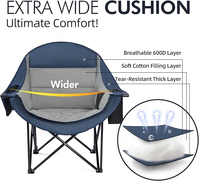 Oversized Camping Chairs for Adults - Heavy Duty Padded Outdoor Folding Lawn XL Camp Chair with Cup Holder Cooler Pockets for Sports Beach Fishing Garden Portable Supports 500lbs, Blue/Grey