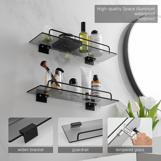 Voldra Glass Shelf for Bathroom, 2 Pack Adhesive Shower Shelves for Inside