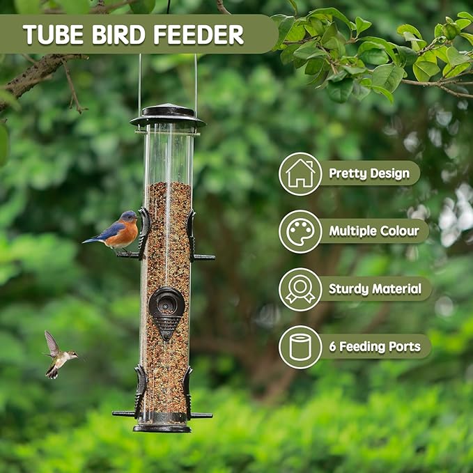 MIXXIDEA 1PK Metal Wild Bird Feeder,Squirrel Proof Bird Feeders for Outside,Hanging 6 Port Tube Bird Feeder Transparent Finch Bird Feeder for Attracting Birds in Your Lawn, Garden, Balcony – Coffee