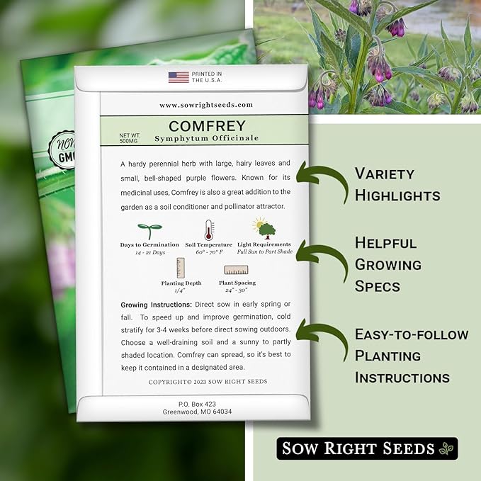 Sow Right Seeds - Comfrey Seeds for Planting - Non-GMO Heirloom - High-Yield Comfrey for Garden, Medicinal Herbs, and Soil Improvement - Outdoor or Indoor Herb Garden - Use for Home Remedies (1)