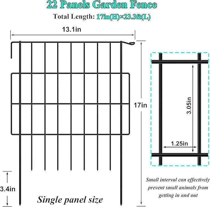 Decorative Garden Fences 17in x 23.3ft, 22 Pack Outdoor Fencing Animal Barrier Dog Border with 1.25in Gap, Metal Wire Fence Panels for Garden Decor, Flower Bed Edging Borders for No Dig Patio Yard