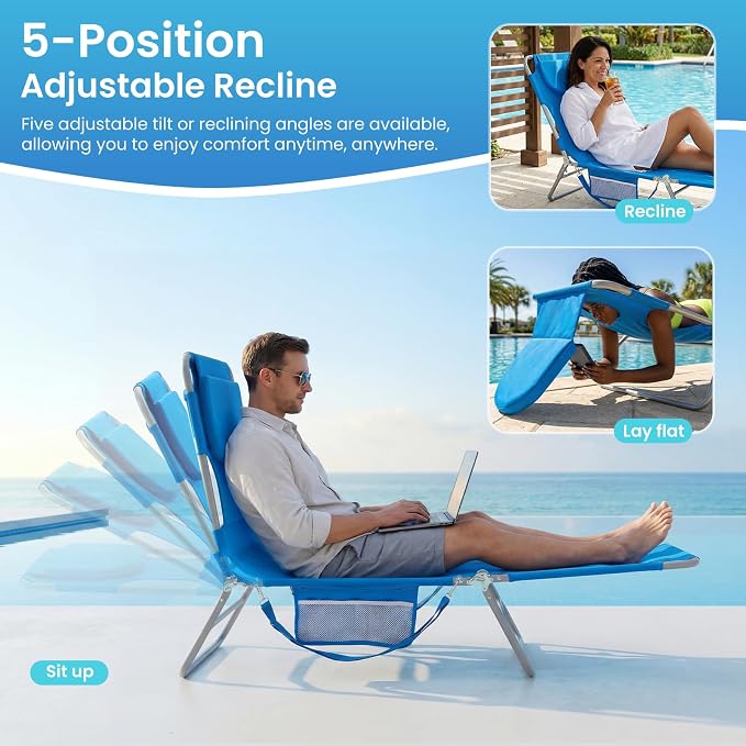 DUMOS Lounge Chair Outdoor, Beach Tanning Chair with Face Hole, Blue | 5-Position Adjustable Sunbathing Tanning Chair, Foldable Portable Chaise Lounge by Pool Patio Lawn Camping Reading, Arm Hole
