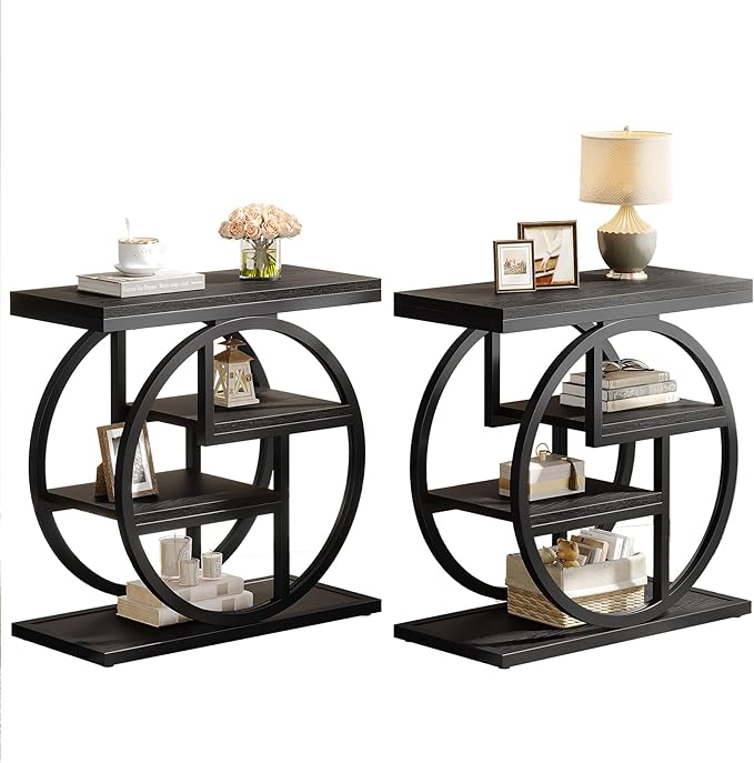 Tribesigns End Table Set of 2, 4-Tier Narrow Side Table with Storage Shelves, Wood Small Sofa Side Table with Geometric Metal Frame, Modern Bedside Table for Bedroom, Living Room, Black