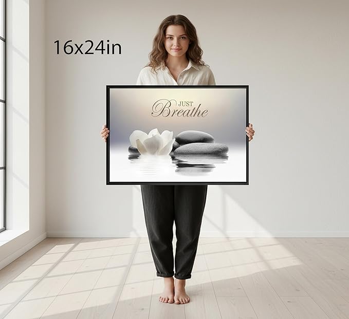 Floating Framed Zen Wall Art, Just Breathe Stone Poster Picture
