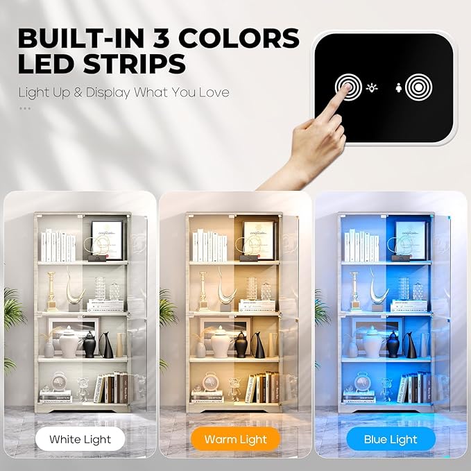 Display Cabinet with Glass Doors, 4-Tier Curio Cabinet with 3 Color Lights for Collectibles, Glass Display Case with Human Body Sensor, Bookcase with 4 Shelves, Storage Cabinets, Gray