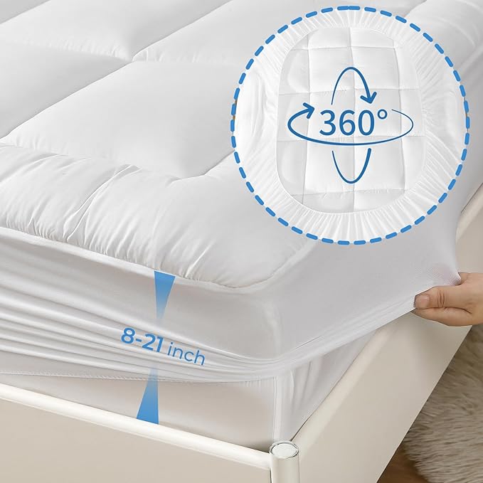 YUGYVOB Full Size Mattress Topper - 600GSM Extra Thick Cooling & Breathable Mattress Pad with Deep Pocket 8"-21" & Soft Down Alternative Filling, White