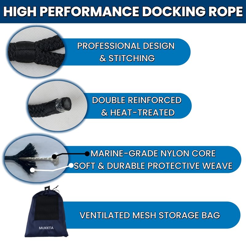 MUKETA 4 Pack Boat Dock Lines 3/8" x 15' with 12" Eyelet Marine Grade Double Braided Nylon Boat Ropes, High Strength Boat Lines for Docking and Mooring,Fray Resistant,Easy to Handle,Black