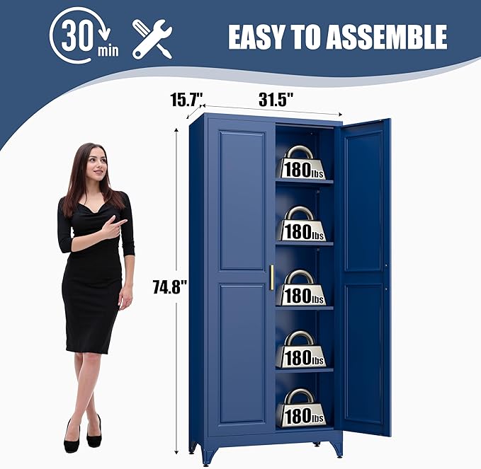 Kitchen Pantry Storage Cabinets, 75" Tall Metal Storage Cabinet with Doors and 4 Shelves, Blue Pantry Cabinet, Utility Kitchen Cupboard, Large Steel Cabinets for Dining, Office, Living Room