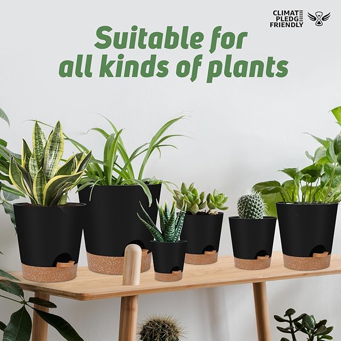 YNNICO Indoor Self Watering Planters with Drainage Holes and Saucers, 8, 7, 6.5, 6, 5.5, 5 Inches, Black, 6 Pots