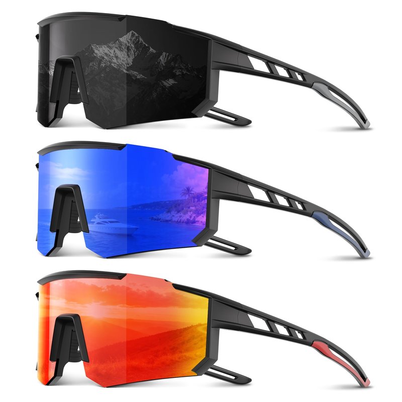 Foliful 3 Pack Polarized Sports Sunglasses Men Women, Running Mens Sunglasses UV Protection for Baseball Cycling Fishing, Ice Blue/Red/Purple