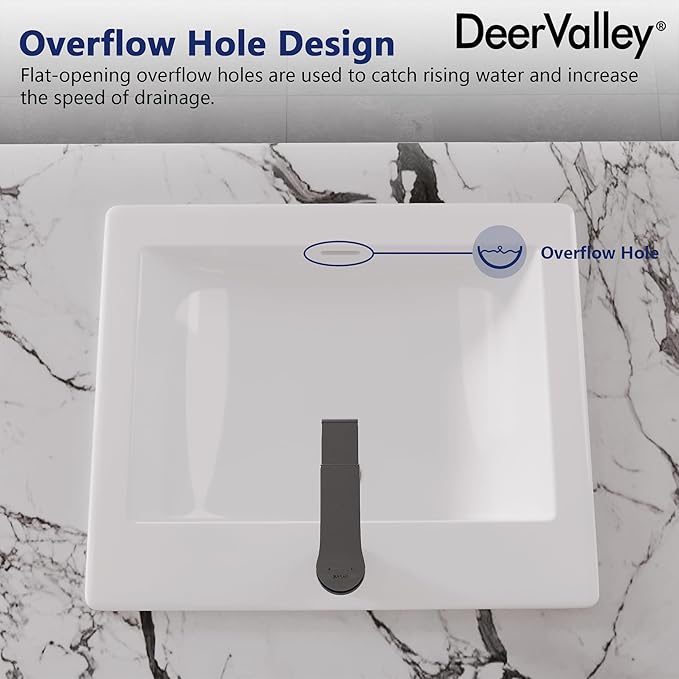 DeerValley 21"x18" Drop-In Bathroom Sink Ceramic Rectangle Vessel Sink with Overflow Vanity Bathroom Vessel Sink Bowl