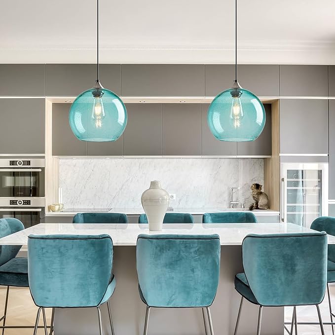Light Blue Glass Pendant Lights Kitchen Island Globe Pendant Light Fixtures Modern Pendant Lighting for Bedroom Living Dining Room Light Fixture (9.84 in, 3 Pack)