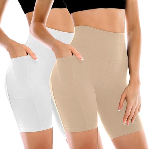 Leafigure Women's Biker Shorts - High Waisted Yoga Shorts with Pockets for Gym & Running | 2 Pack