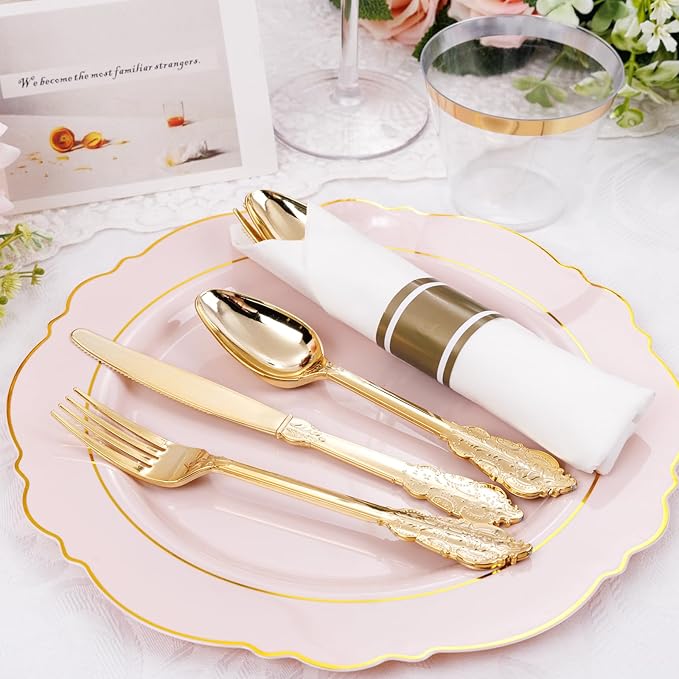 Liacere 350PCS Pink Plates Disposable - Pink and Gold Plates 50guest Baroque Plastic Dinnerware include 100Plates, 50Pack Pre Rolled Napkins with Silverware 50Cups Perfect for Valentine's Day