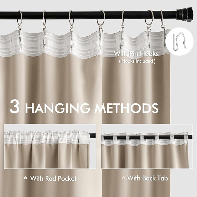 MIULEE Taupe Back Tab Blackout Curtains 72 Inches Long 2 Panels Set