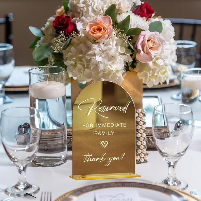 Acrylic Wedding Sign, Bridal Shower Decorations, Reserved for Immediate Family Sign for Ceremony, Modern Font Table Signs, Gold Mirror Arched Acrylic Tabletop Signs for Wedding Reception