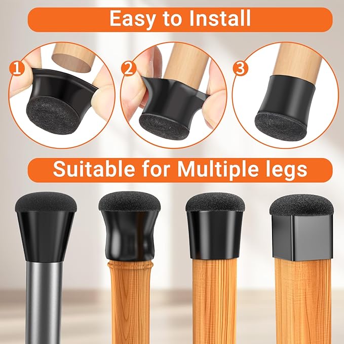 Chair Leg Floor Protectors Extra Small 16 Pcs,Silicone Chair Leg Protectors for Hardwood Floors/Tiles,360°Wrapped Felt Bottom to Prevent Scratch and Reduce Noise, Round Black