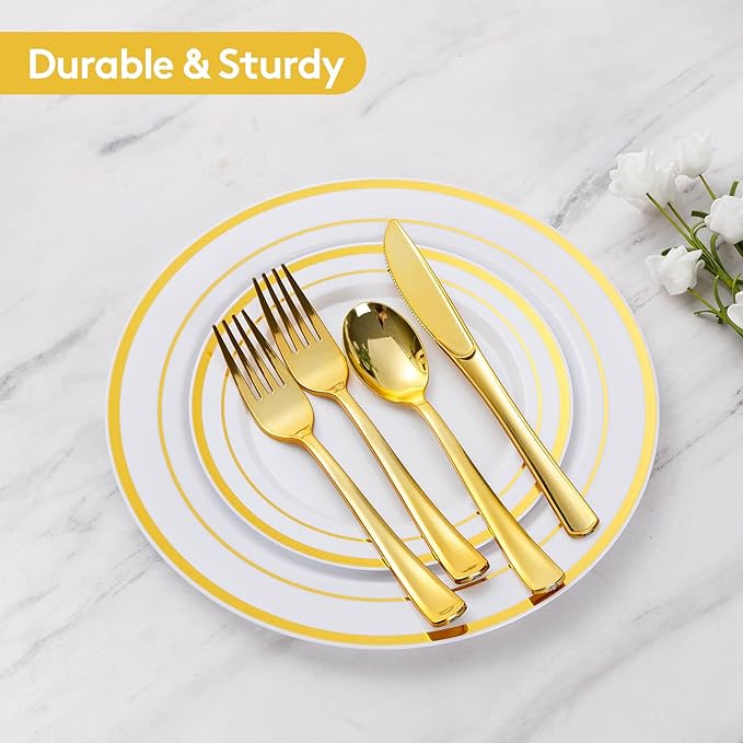 Goodluck 600 Pieces Gold Disposable Plates for 100 Guests, Plastic Plates for Party, Dinnerware Set of 100 Dinner and 100 Dessert Plates, 100 Spoons, 100 Forks, 100 Knives, 100 Cups
