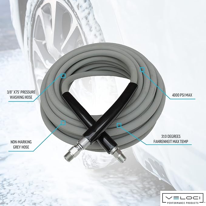 MTM Hydro Kobrajet High Pressure Washer Hose 3/8” 4000 PSI 75’ for Car Wash and Detailing, Pressure Washer Accessories, Non-Marking Gray Commercial Grade