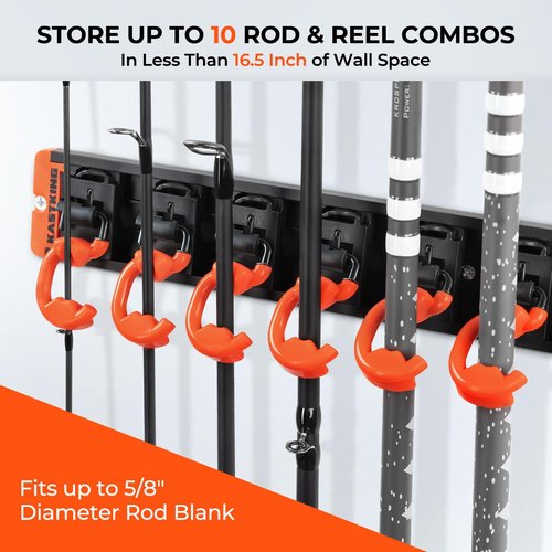 KastKing V10 Pivot Grip Fishing Rod Holder–Adjustable, Space-Saving Wall-Mounted Rod Holder, 10 Polymer-Coated Steel Hooks, Expandable Storage System, Holds 10 Rod & Reel Combos, 1 Pack