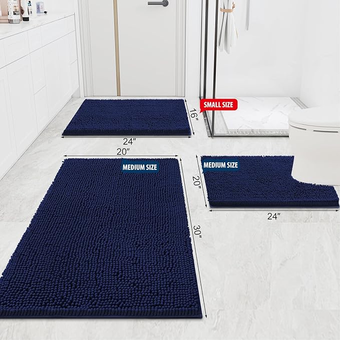 Smiry Luxury Chenille Bathroom Rugs 70x24, Extra Soft and Absorbent Shaggy Bath Mat, Machine Washable, Non-Slip Plush Carpet Runner for Tub, Shower, and Floor, Home Decor Accessories, Navy Blue